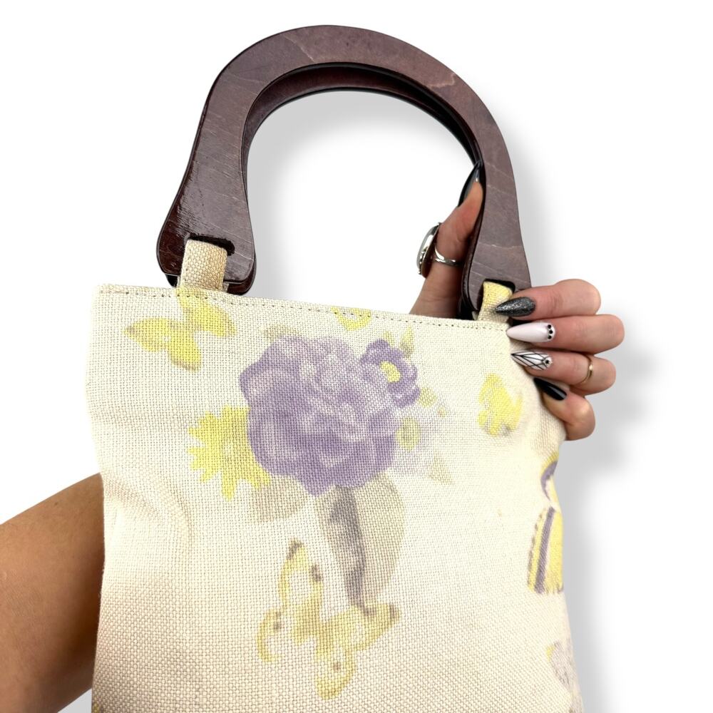 90's woven linen butterfly floral wood handle bag by FASHION EXPRESS ORIGINAL - Picture 6 of 16